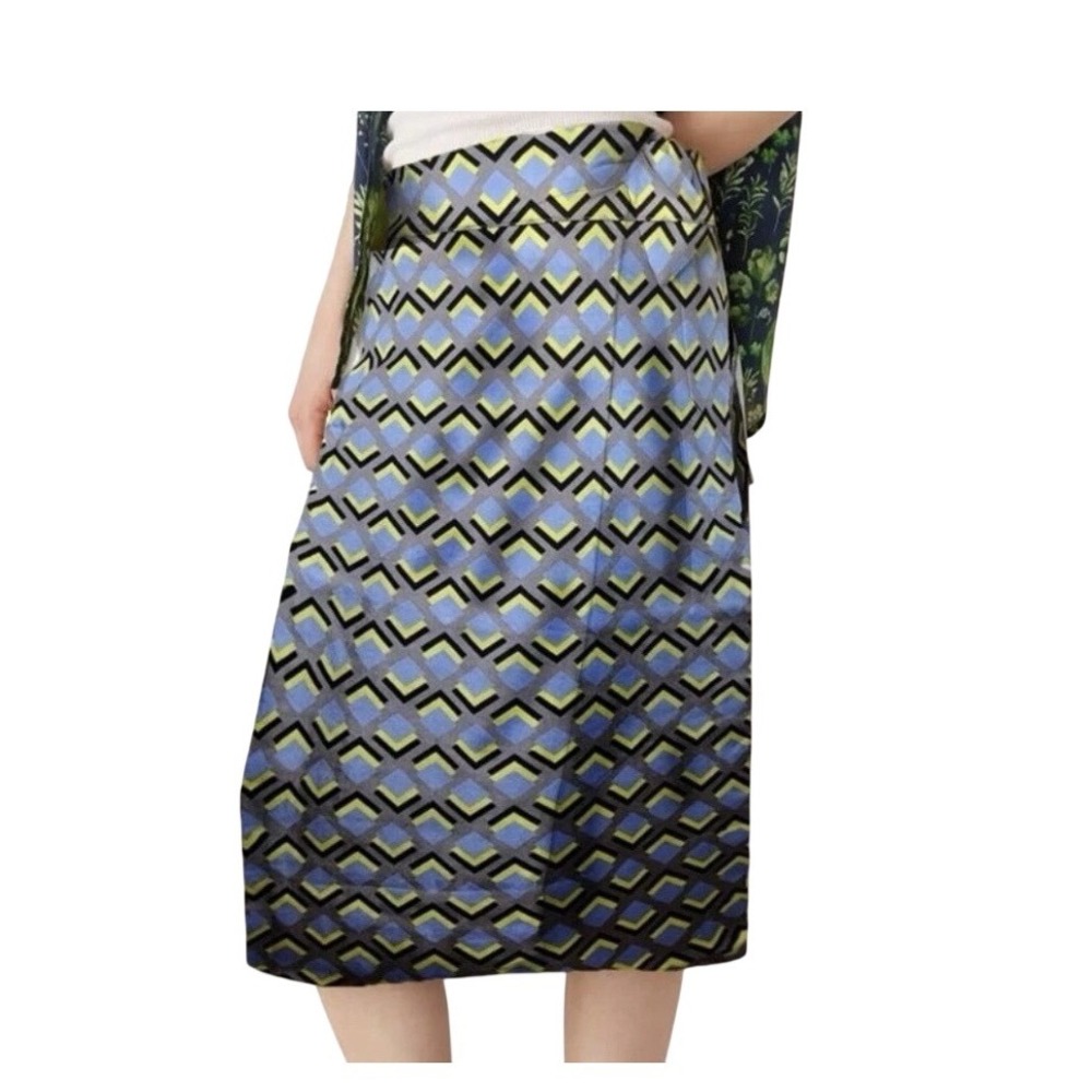 Wildfang The Empower Satin Wrap Skirt Blue Yellow‎ Geometric Print Medium NWT